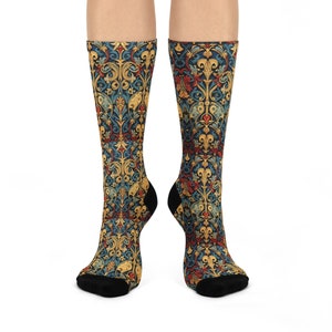 Medieval Tapestry Cushioned Crew Socks | Vintage Pattern Socks | Ornamental Print Socks for Men, Women | Unique Artistic Design Footwear
