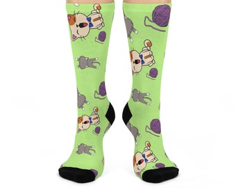 Playful Kitten and Yarn Ball Pattern Cozy Socks | Funny Cat Lover Gift | Green Novelty Crew Socks for Women and Men | Unique Cat Print Socks
