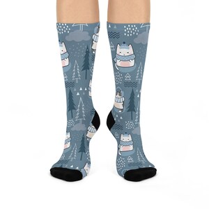Cute Kawaii Cat Winter Socks | Unique Animal Print Stockings for Gifting | Festive Feline and Pine Tree Pattern | Warm and Stylish Gift