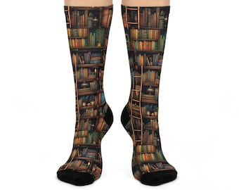 Library Bookshelf Crew Socks | Book Lover Gift | Reading Themed Socks | Literary Pattern Socks | Fun Novelty Socks for Readers | Cozy Socks