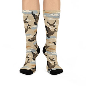 Flying Geese Cushioned Crew Socks | Bird Pattern Socks | Nature Animal Socks | Duck Hunting Socks | Unique Outdoor Socks Men and Women Gift