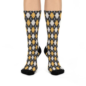 Yellow Black And White Argyle Cushioned Crew Socks, Black And White Checkered Argyle Dress Socks