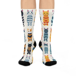 Unique Illustrated Feline Print Socks | Cute and Colorful Cats Crew Socks for Women and Men | Cozy and Stylish Animal Theme Footwear Gift