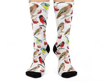 Bird Pattern Socks | Colorful Songbird Print Crew Socks | Fun Bird Lover Socks Gift | Nature Inspired Socks For Women | Cute Bird Socks