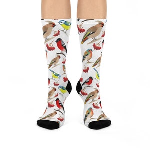 Bird Pattern Socks | Colorful Songbird Print Crew Socks | Fun Bird Lover Socks Gift | Nature Inspired Socks For Women | Cute Bird Socks