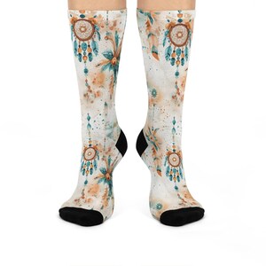 Dreamcatcher Cushioned Crew Socks, Native American Pattern, Cozy Home Slipper Socks, Boho Style Accessories, Festival Footwear, Gift for Her