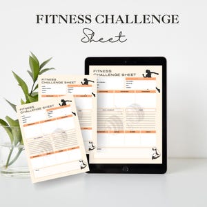 May include: A fitness challenge sheet with a minimalist design. The sheet features sections for daily workouts, goals, and notes, with a silhouette of a person exercising. The text "Fitness Challenge Sheet" is displayed at the top.