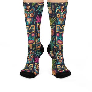Tiki Patterned Socks, Luau Crew Socks, Aloha Design Footwear, Beach Party Accessories, Hawaiian Print Hosiery