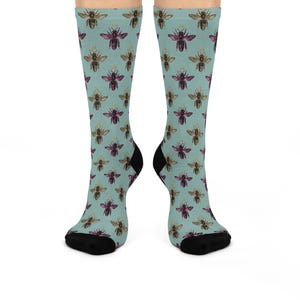 Bee Patterned Socks, Honeybee Crew Socks, Cute Bee Print Footwear, Busy Bee Theme, Bee Socks
