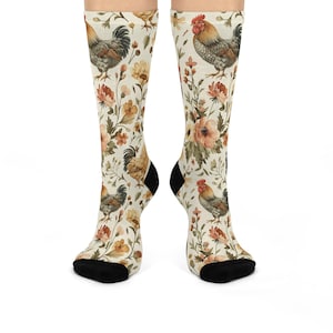 Chicken and Flowers Cushioned Crew Socks - Fun Farm Animal Pattern, Floral Design, Cozy Animal Lover Apparel, Cute Spring Chickens Footwear,