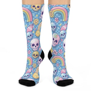 Pastel Goth Socks with Skulls and Rainbows, Alternative Clothing, Emo Socks, Cute Kawaii Socks,