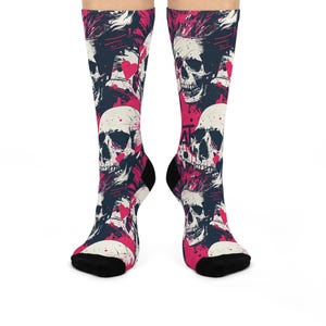 Skull Punk Rock Cushioned Crew Socks, Alternative Heavy Metal Footwear, Gothic Skeleton Print Stockings, Rebel Grunge Fashion Clothing, Emo