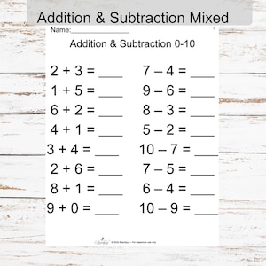 Puede incluir: Una hoja de trabajo blanca con el título "Suma y Resta Mixta" y problemas matemáticos de suma y resta. Los problemas van de 0 a 10. Hay un espacio para un nombre en la parte superior.