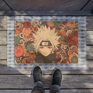 Vintage Style Anime Doormat | Cool Ninja Style Door Mat with Character Print | Japanese Anime Floor Mat for Home Decor | Anime Doormat Rug