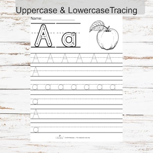 May include: A white worksheet with the text "Uppercase & Lowercase Tracing" at the top. The worksheet includes tracing exercises for the letter "A", an illustration of an apple, and lines for practicing letter formation. The bottom of the page has the copyright information.