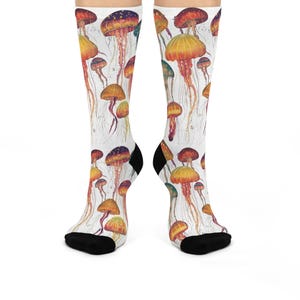 Colorful Jellyfish Cushioned Crew Socks, Ocean Theme Printed Socks, Underwater Sea Creature Apparel, Fun Beachy