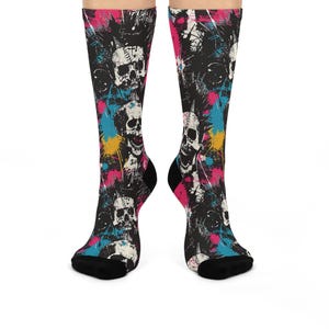 Skull Art Cushioned Crew Socks, Punk Socks,  Funky Socks for Halloween, Gothic Fashion, Gift for Skater Friends,