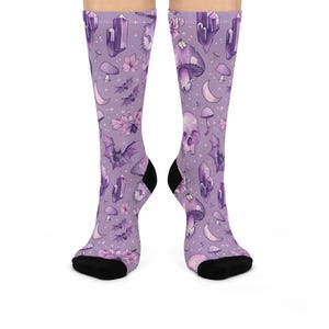 Pastel Goth Crew Socks, Purple Mushroom Skull Crystal Design, Alternative Fashion Footwear