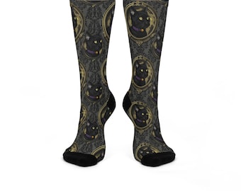 Vintage Gothic Black Cat Portrait Crew Socks | Cute Animal Socks | Dark Academia Aesthetic | Unique Gift for Cat Lovers and Goth Style Fans