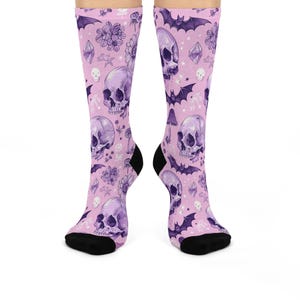 Pastel Goth Cushioned Crew Socks with Skulls, Bats, and Crystals - Alternative: Soft Grunge Crew Socks, Kawaii Goth Legwear, Cute Emo