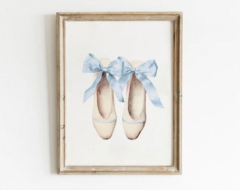 Ballet Slipper Art Print, Vintage Wall Art, Retro Ballerina Decor, Light Blue Aesthetic, Printable Antique Art, Coquette Digital Download