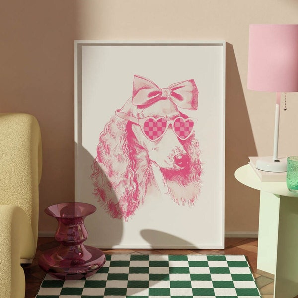 Preppy Poodle Printable, Hot Pink Girly Wall Art, Retro Pink Dorm Decor, Y2k Aesthetic Poster, Funky Maximalist Print, Trendy Glam Download