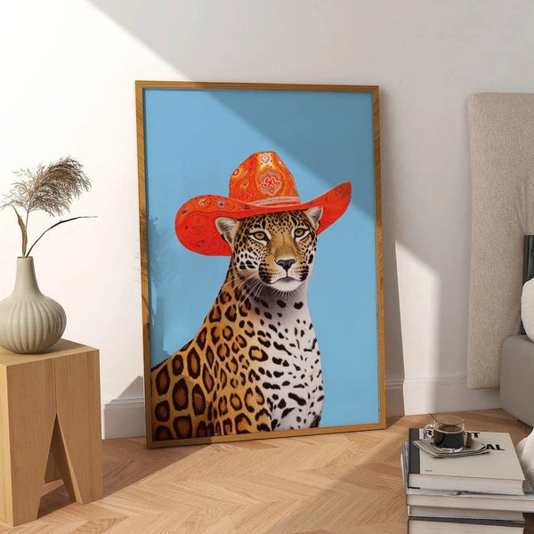 Cheetah Wall Art Western Aesthetic Print, Maximalist Wall Decor Blue Eclectic Print, Funky Wall Art, Cheetah Poster, Printable Trendy Poster