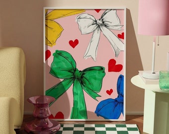 Retro Bow Printable, Pink Aesthetic Wall Art, Feminine Decor, Trendy Apartment Prints, Girls Room Poster, Cute Dorm Artwork, Pastel Download