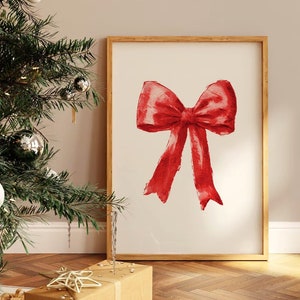 Vintage Red Christmas Bow Wall Art, Winter Home Decor, Red Bow Print, Holiday Printable, Christmas Decor, Digital Download image 1