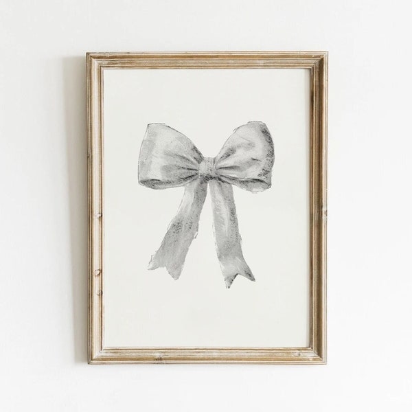 Gray Bow Print Preppy Art Bow Painting Preppy Dorm Prints Aesthetic Silver Print White Retro Posters Dorm Prints Cute Girly Western Wall