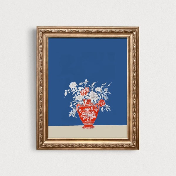 Retro Chinoiserie Wall Art Print, Floral Still Life Painting, Flowers in Vase Artwork, Red Art Living Room, Vintage Poster, Instant Download