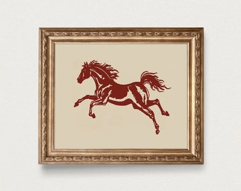 Vintage Western Horse Print, Red Retro Home Decor, Preppy Dorm Printable, Rustic Wall Art Living Room, Rust Brown Aesthetic Poster Download