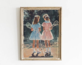 Preppy Tennis Girls Printable, Retro Oil Painting, Pink Coquette Wall Art, Feminine Decor, Soft Girl Aesthetic, Cute Dorm Pastel Download