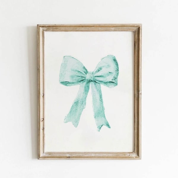 Teal Bow Print Preppy Art Bow Painting Preppy Dorm Prints Aesthetic Aquamarine Print White Retro Posters Dorm Prints Girly Western Wall Art