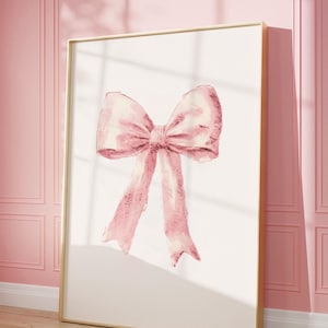 Pink Bow Poster Art, Girly Aesthetic Poster, Vintage Hand Drawn Illustration, Retro Preppy Wall Art, Nursery Print, Girl Nursery Wall Art