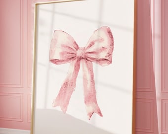 Pink Bow Poster Art, Girly Aesthetic Poster, Vintage Hand Drawn Illustration, Retro Preppy Wall Art, Nursery Print, Girl Nursery Wall Art