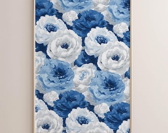 Póster vintage de peonía azul costera, arte floral de pared estilo cottagecore, estampado botánico en azul marino y azul hielo, estampado floral pictórico P110