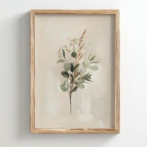 Elegant nature picture for dining space — soft watercolor botanical illustration capturing eucalyptus and fine white flowers.