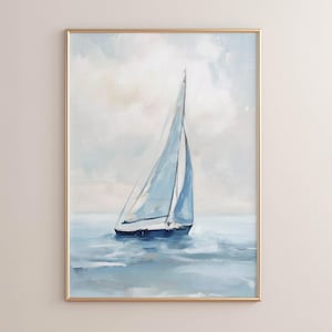 Póster impreso de velero costero, arte náutico minimalista de playa en acuarela, paisaje marino suave y relajante, colores pastel tranquilos, lámina para pared P239