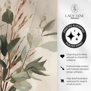 Soft botanical artwork poster for nursery — minimalistic design featuring eucalyptus leaves and gentle white blooms.