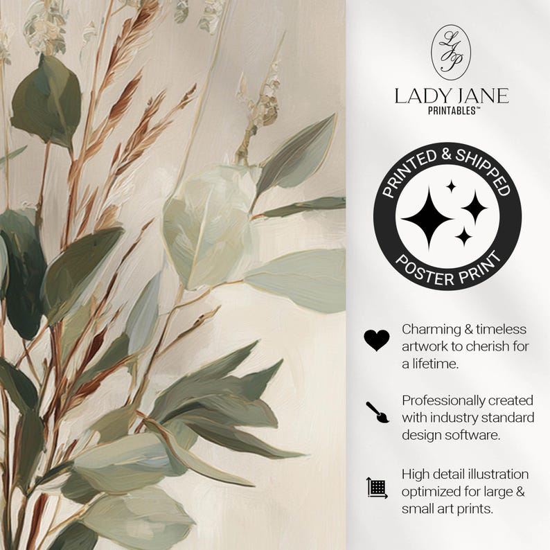 Soft botanical artwork poster for nursery — minimalistic design featuring eucalyptus leaves and gentle white blooms.