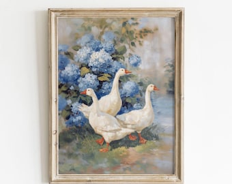 Country Geese Wall Art, Blue Hydrangeas Wall Art, Cottagecore Painting, Countryside Decor, Rustic Goose Decor, Digital Download - 0098