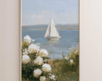 Coastalcore Cottage Sailing Print - Gelassenes impressionistisches Poster mit Pastelltönen, gedämpften Blau- und Grüntönen, beruhigendes Küstendekor P88
