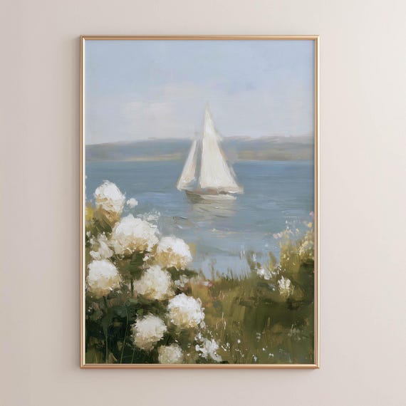 Coastal Cottagecore Sailing Print - Serene Impressionistic Poster Art with Pastel Hues, Muted Blues and Greens, Calming Coastal Decor P88