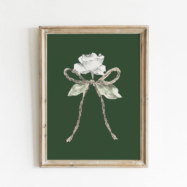 White Rose & Lasso Green Print, Western Wall Art, Cute Flower Poster, Dark Green Nursery Decor, Western Girly Printable, Dorm Decor Download