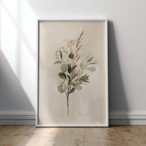 Simple botanical wall art for foyer — calming eucalyptus illustrations with airy filler flowers in a soft, textured background.