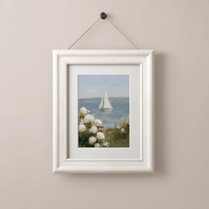 Coastal Cottagecore Sailing Print - Serene Impressionistic Poster Art with Pastel Hues, Muted Blues and Greens, Calming Coastal Decor P88 image 7