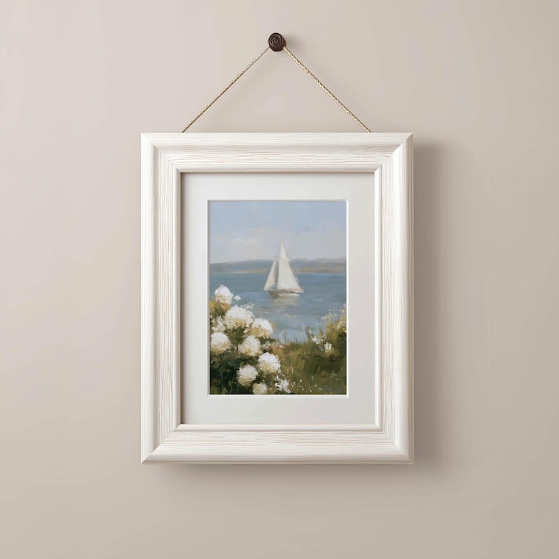 Coastal Cottagecore Sailing Print - Serene Impressionistic Poster Art with Pastel Hues, Muted Blues and Greens, Calming Coastal Decor P88 image 7