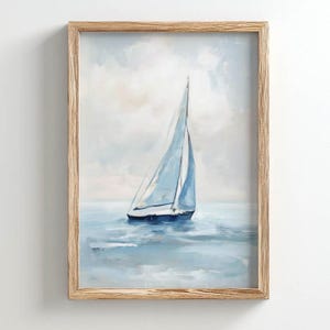 Velero estampado en alta mar, lámina decorativa, tonos azules y neutros, decoración minimalista costera, arte náutico, para colgar en la pared, obra de arte P239