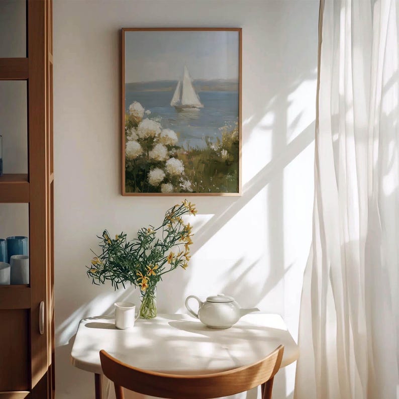 Coastal Cottagecore Sailing Print - Serene Impressionistic Poster Art with Pastel Hues, Muted Blues and Greens, Calming Coastal Decor P88 image 11